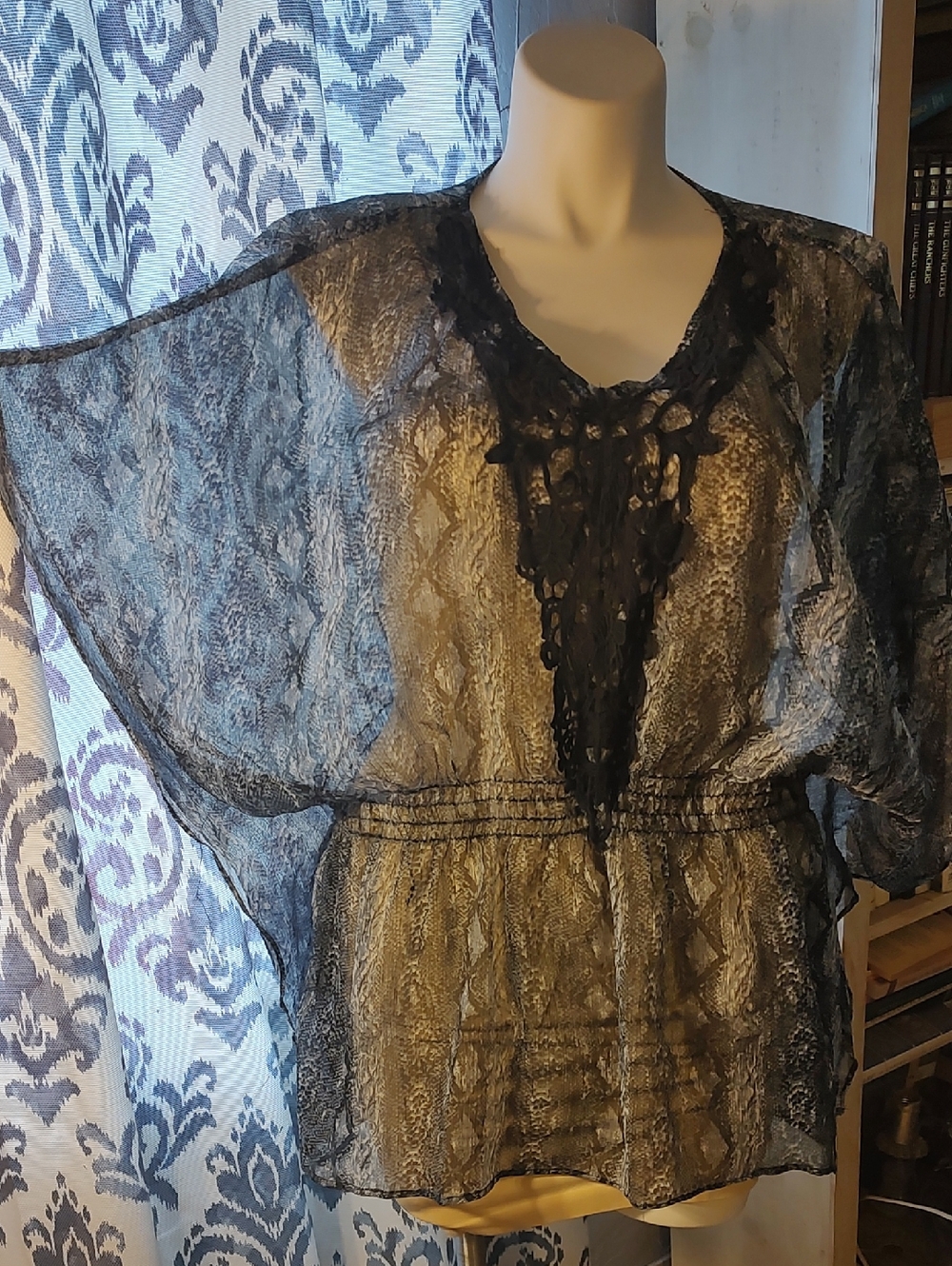 Sheer Lace-Trim Blouse in Black and White Snake Print